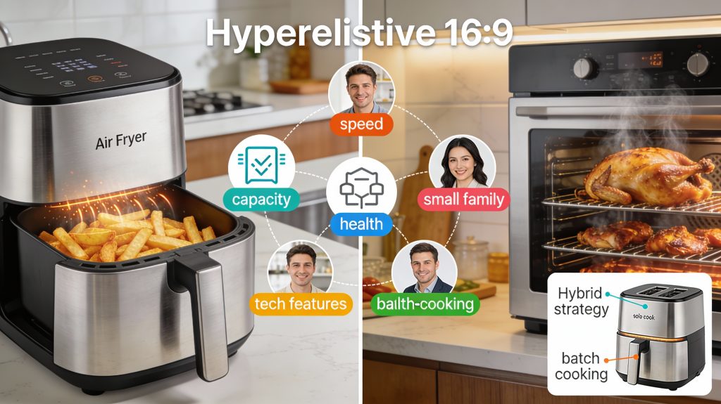 luxury kitchen with split-screen comparison of air fryer and smart oven, showing decision factors for different user profiles and hybrid strategies