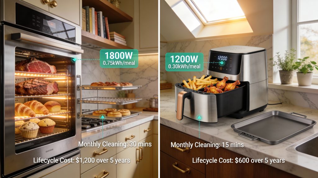 luxury kitchen with smart oven baking multiple trays and air fryer cooking fries, energy use and operating cost metrics overlaid