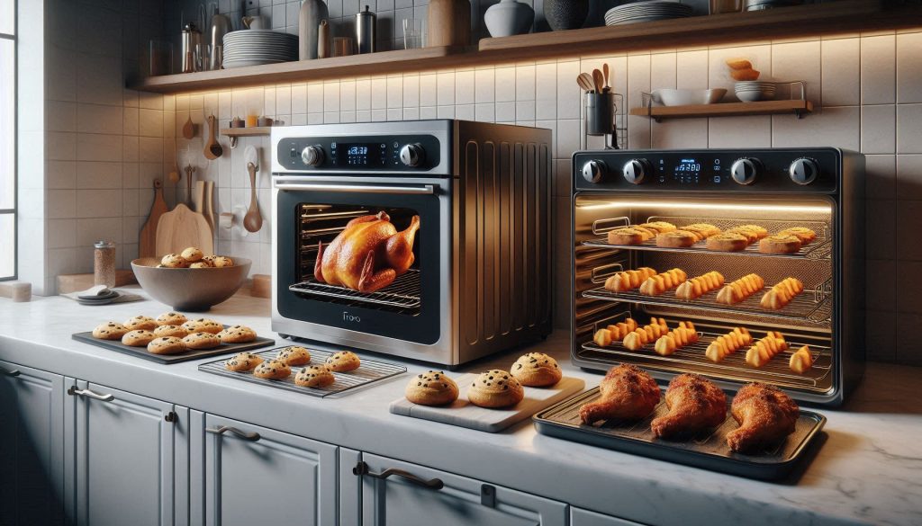 luxury kitchen with smart oven roasting a whole chicken and baking cookies, next to air fryer with crispy fries and wings, showing browning and texture differences