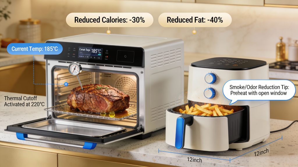 high-end kitchen with smart oven roasting chicken and air fryer cooking fries, digital overlays for calorie reduction, smoke control, and safety features