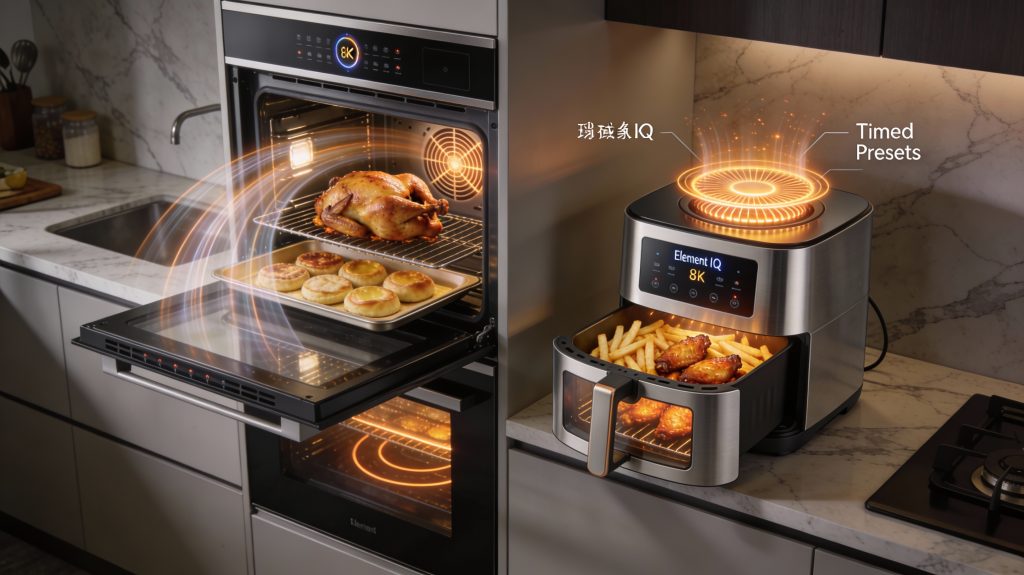 luxury kitchen with smart oven using multi-zone elements and convection fan roasting chicken, next to air fryer showing high-speed hot air circulation cooking fries