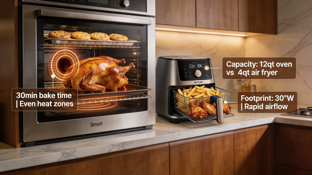 luxury kitchen with smart oven baking multiple racks and air fryer cooking fries and wings, illustrating speed, capacity, and footprint differences