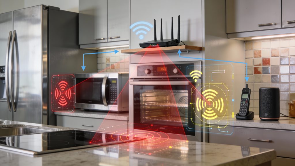 Luxury kitchen highlighting a smart oven affected by environmental Wi-Fi interference from microwave, fridge, cordless phone, and Bluetooth devices with signal strength overlays.