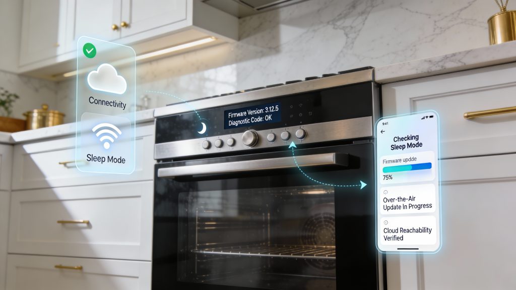 Luxury kitchen with a smart oven displaying firmware diagnostics, cloud connectivity, and sleep mode indicators alongside a companion app interface.