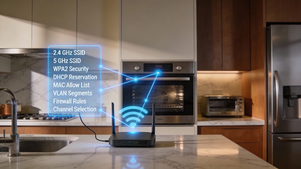 Smart oven in a premium kitchen illustrating advanced router settings like separate SSIDs, WPA2 security, DHCP reservation, VLANs, and stable Wi-Fi connectivity