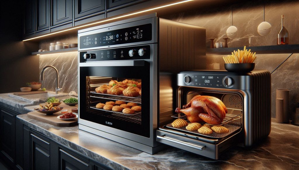 luxury kitchen showing a smart oven roasting chicken and baking pastries next to a high-end air fryer with crisp fries, highlighting high-tech cooking features