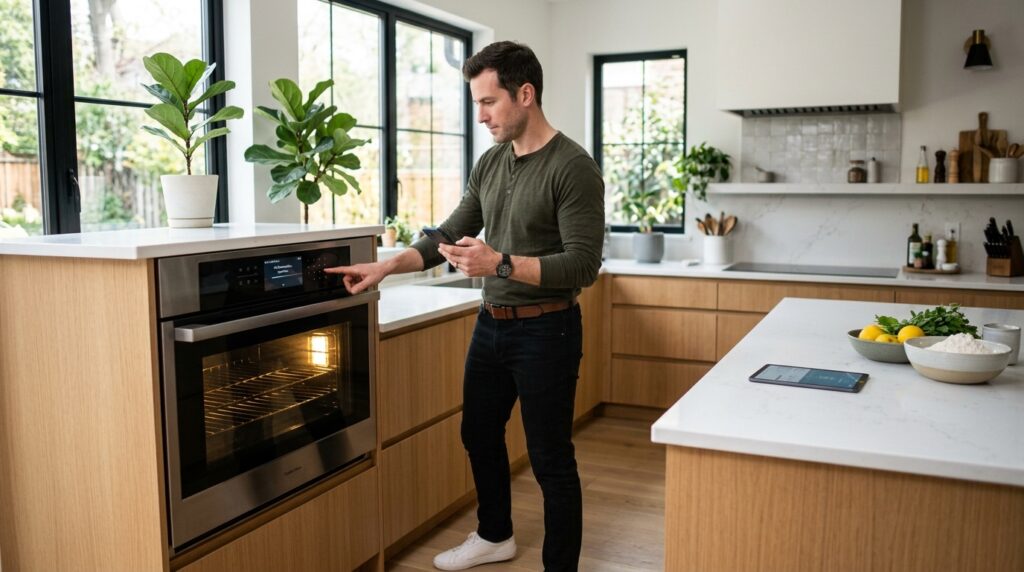 Male homeowner troubleshooting a smart oven Wi-Fi connection using a smartphone in a luxury modern kitchen.