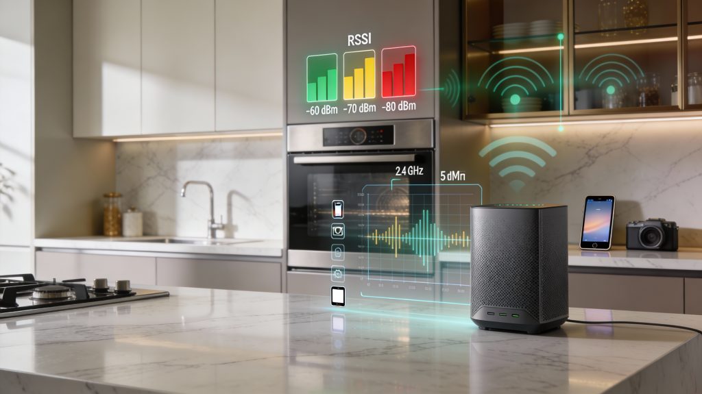 Luxury kitchen with a smart oven showing Wi-Fi signal strength, 2.4 GHz vs 5 GHz bands, channel congestion, and device load diagnostics.