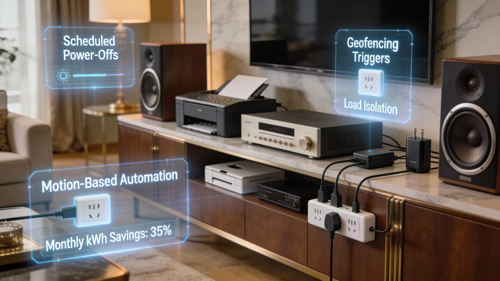 luxury smart home setup using smart plugs and power strips to schedule power-off, isolate loads, and reduce standby energy waste