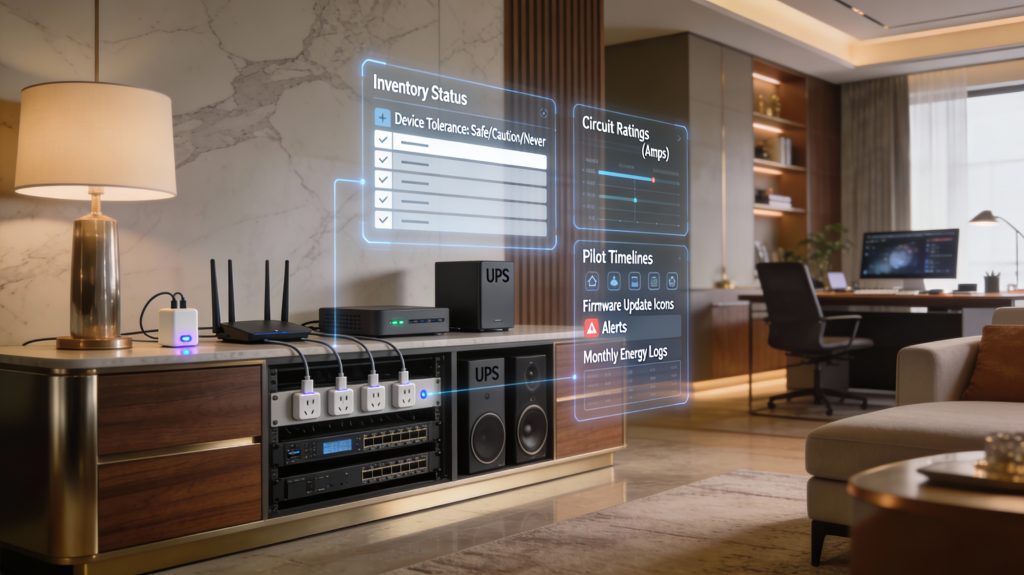 luxury smart home using smart plugs with safety checklists, device tolerance labels, ups protection, and energy monitoring dashboards