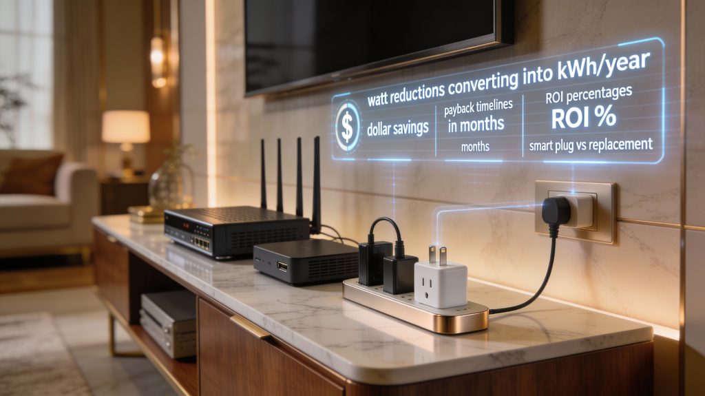 luxury smart home setup with smart plugs visualizing energy savings, payback period, ROI, and replacement comparisons