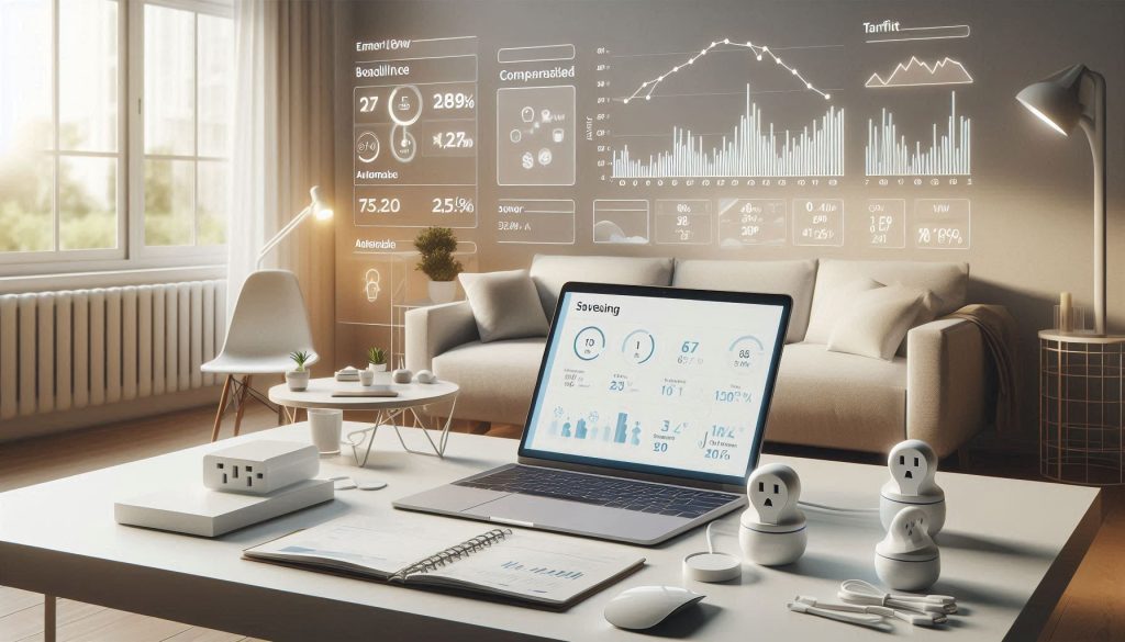Real-time smart plug savings simulation with white devices and dashboards showing power, baseline, and tariff data