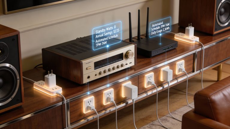 Home luxury living space with vintage electronics connected to smart plugs showing standby power reduction and energy cost savings