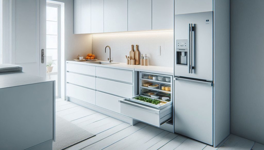 Compact smart refrigeration tools integrated into a small white kitchen.