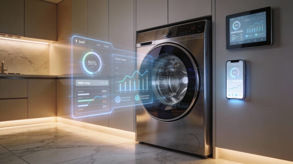 Luxury smart washing machine displaying water-saving analytics and behavioral insights through connected apps.