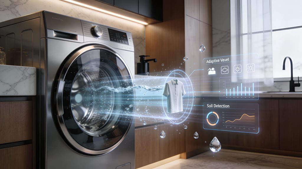Luxury smart washing machine using adaptive cycles to reduce water consumption in a high-end modern home.