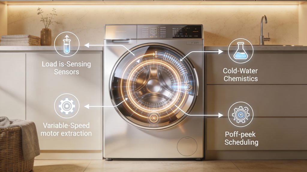 modern luxury laundry room with smart washer, featuring digital overlays showing energy use for water heating, motor operation, load-sensing, cold-water washing, and off-peak scheduling