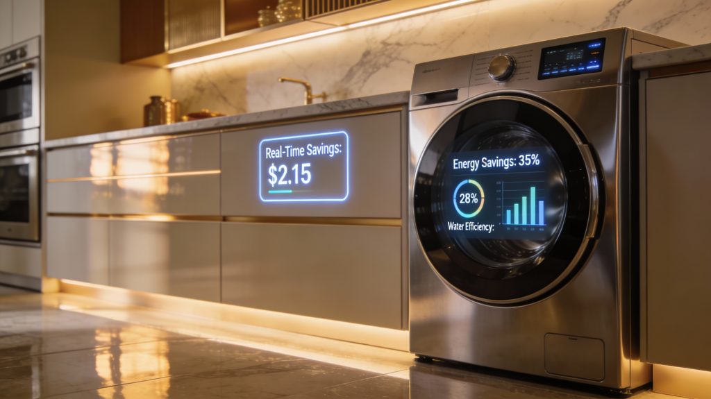 High-end smart washer in a luxury laundry room showing real-time energy and water savings on a touchscreen display.