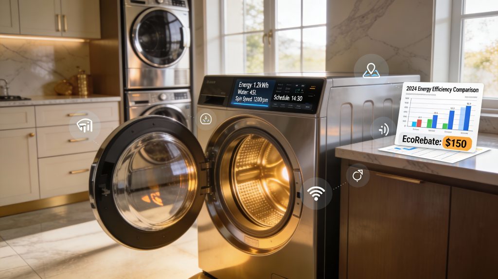 Luxury smart washer in a high-end laundry room showing energy, water, spin, and scheduling data on a touchscreen, with rebate and incentive information displayed on nearby surfaces.