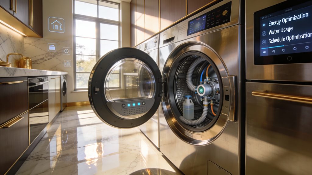 Premium smart washer in a luxury laundry space, open drum and touchscreen showing energy, water, and scheduling optimization, with smart home integration cues.