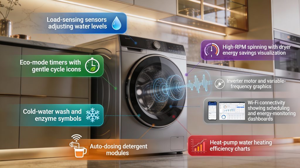modern luxury laundry space with a smart washer, overlay graphics showing load sensing, eco-modes, cold-water washing, high spin, inverter motors, auto-dosing, scheduling, and heat-pump efficiency