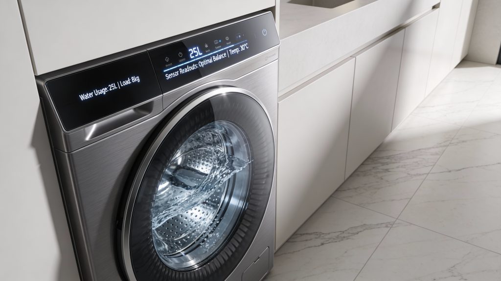 luxury smart washing machine using advanced sensors to reduce water consumption in a high-end modern home