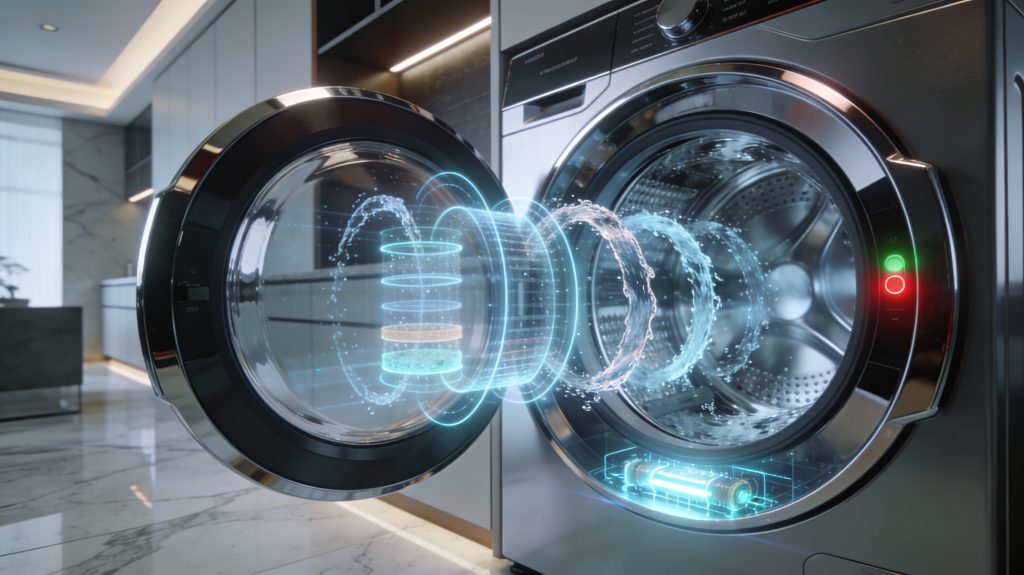 Luxury smart washing machine using water recirculation and leak detection to prevent waste in a high-end home.