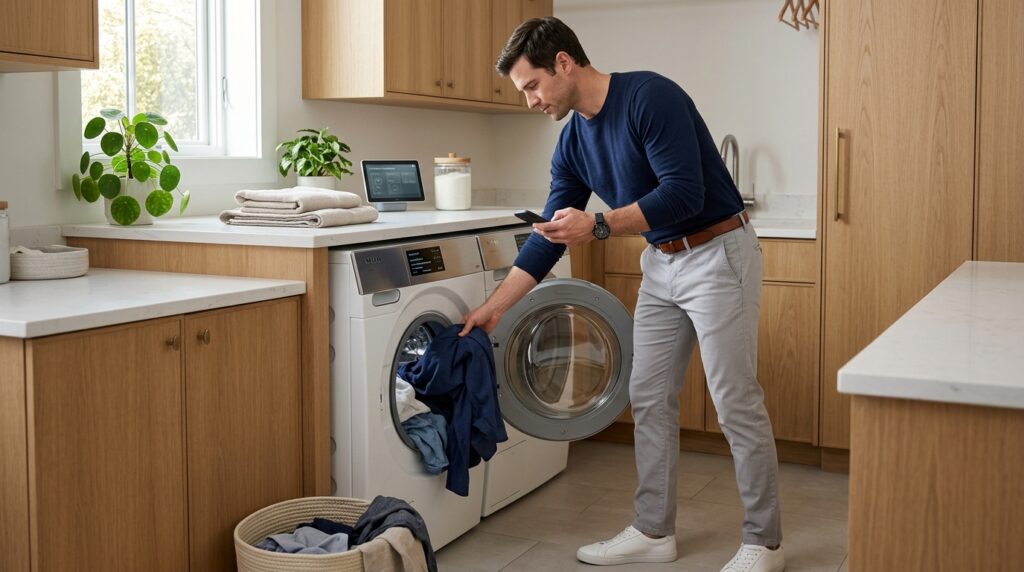 Man using a smart washer with water-saving technology in a luxury modern laundry room.