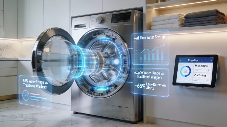 Home Luxury smart washing machine using sensors and adaptive technology to reduce water consumption in a high-end modern laundry room.