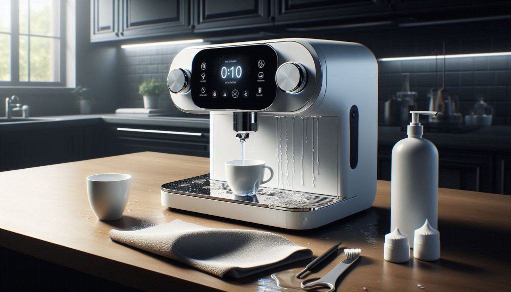 White smart coffee machine being descaled in a modern kitchen with cleaning tools and descaling solution.