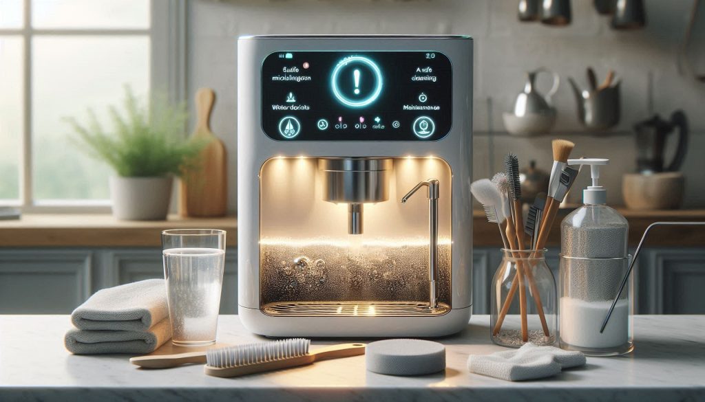 White smart coffee machine in a modern kitchen showing diagnostic alerts and minor limescale buildup with cleaning tools nearby.