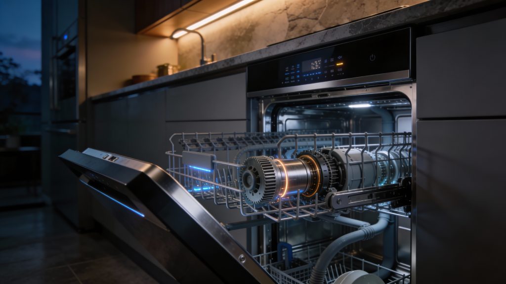 luxury smart dishwasher showing inverter motor pumps sensors and noise reducing features