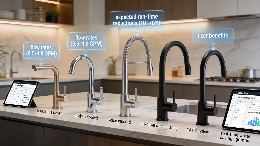 Luxury kitchen showcasing five smart faucet designs—touchless, touch-activated, voice-enabled, pull-down, hybrid—with flow rates, run-time reduction percentages, and app dashboards