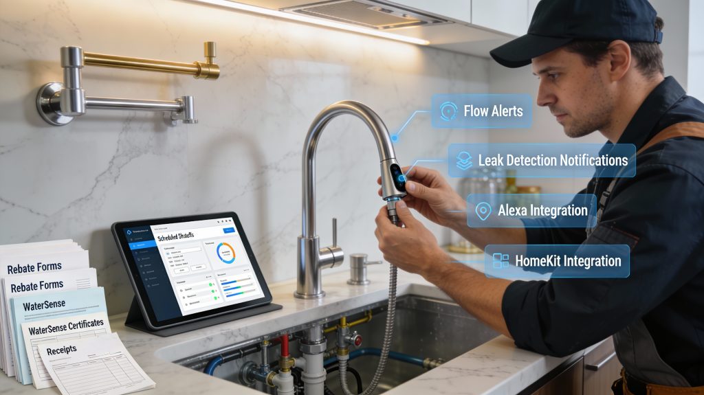 Luxury kitchen with smart faucet being installed, tablet showing calibration and flow settings, floating alerts for leaks and shutoffs, and WaterSense rebate forms nearby.