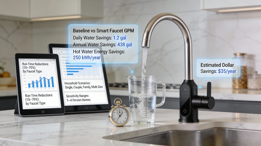 Luxury kitchen showing a smart faucet, glass measuring cup with timer, digital overlays for water flow, GPM, annual savings in gallons, energy and cost savings, and tablet charts comparing faucet types.
