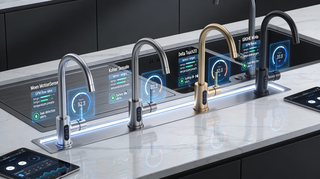 Luxury kitchen with multiple smart faucets displayed side by side, showing flow rates, sensor ranges, temperature presets, and leak detection alerts.