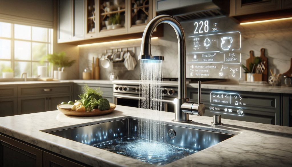 Luxury kitchen showcasing a smart faucet with motion sensors, timed shutoff, flow rate display, and leak detection.