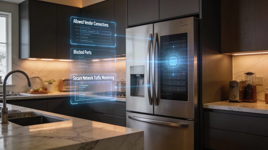 luxury smart fridge isolated on a segmented IoT network with visual firewall overlays