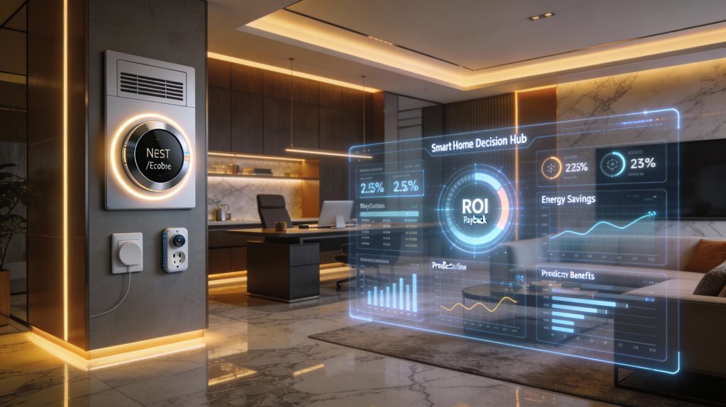 luxury smart home displaying step by step roi calculations and decision rules for appliances and energy savings