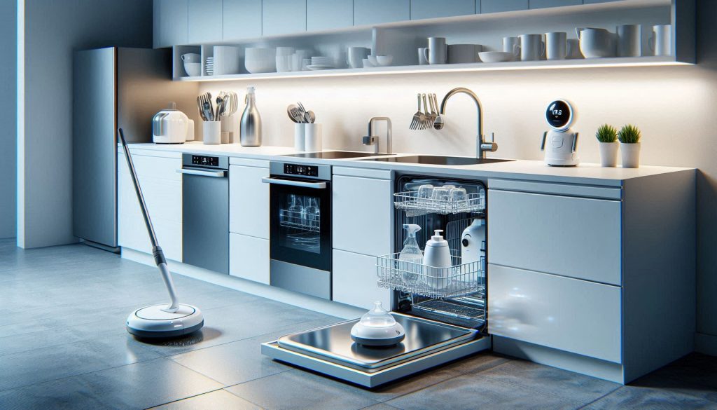 Modern smart kitchen with countertop dishwasher, steam sanitizer, and robotic vacuum and mop operating efficiently in a bright, minimalistic space.