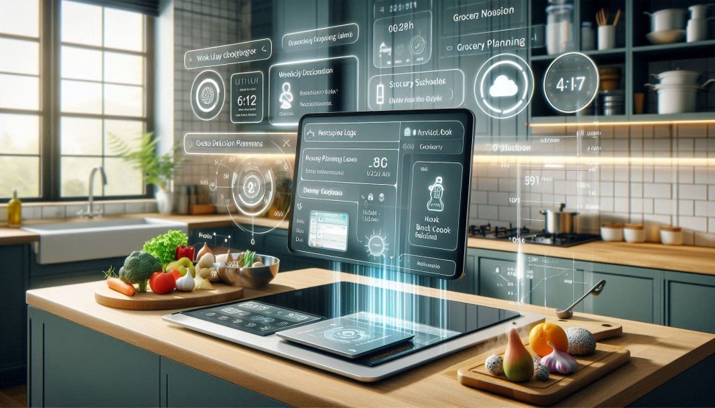 Modern kitchen with tablet showing smart cooking and grocery dashboards, smart oven and scales, illustrating data-driven meal planning.