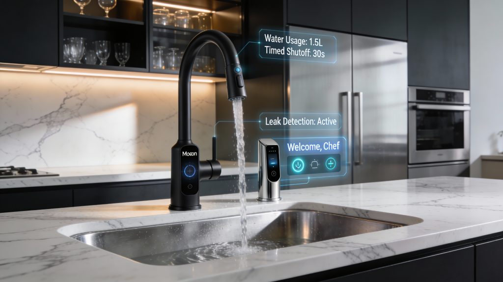 Luxury modern kitchen with a black smart faucet showing water usage holograms, touchless sensors, and leak alerts.