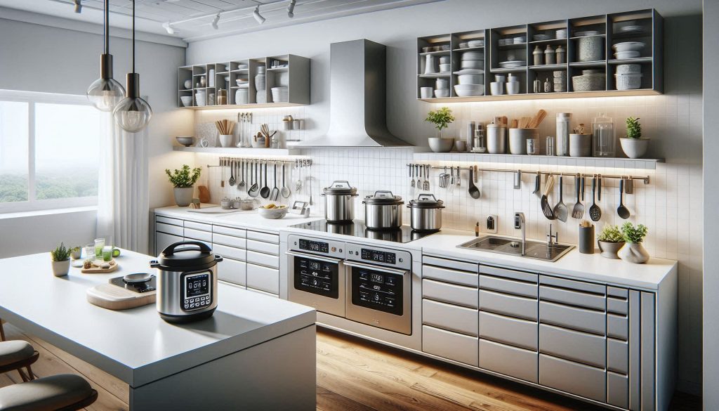 Efficient modern kitchen with induction cooktop, modular drawers, pop-up outlets, and multifunction appliances arranged for optimized workflow.