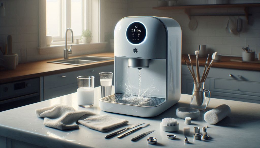 White smart coffee machine being carefully descaled with descaling solution, microfiber cloths, and brushes on a clean counterto