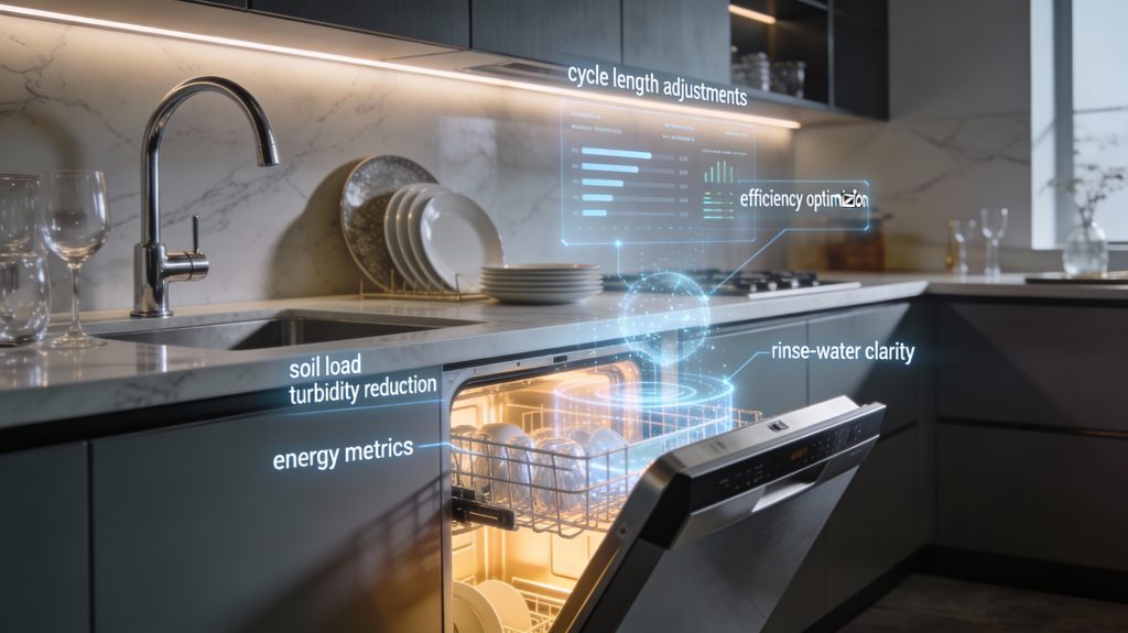 Luxury kitchen with a smart dishwasher displaying glowing soil sensors and digital overlays showing wash efficiency and clarity metrics.
