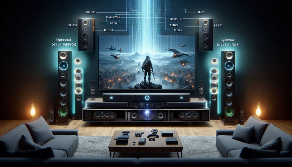 sony ht-a7000 soundbar gaming setup with ps5/xbox, showing height channels, optional subwoofer, and rear satellite speakers for precise spatial audio