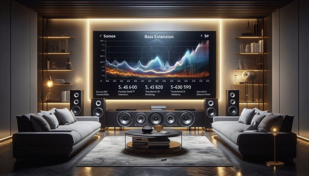 living room performance comparison of sonos arc ultra and samsung q990f with overlays showing frequency response, bass, SPL, transient response, and height effects