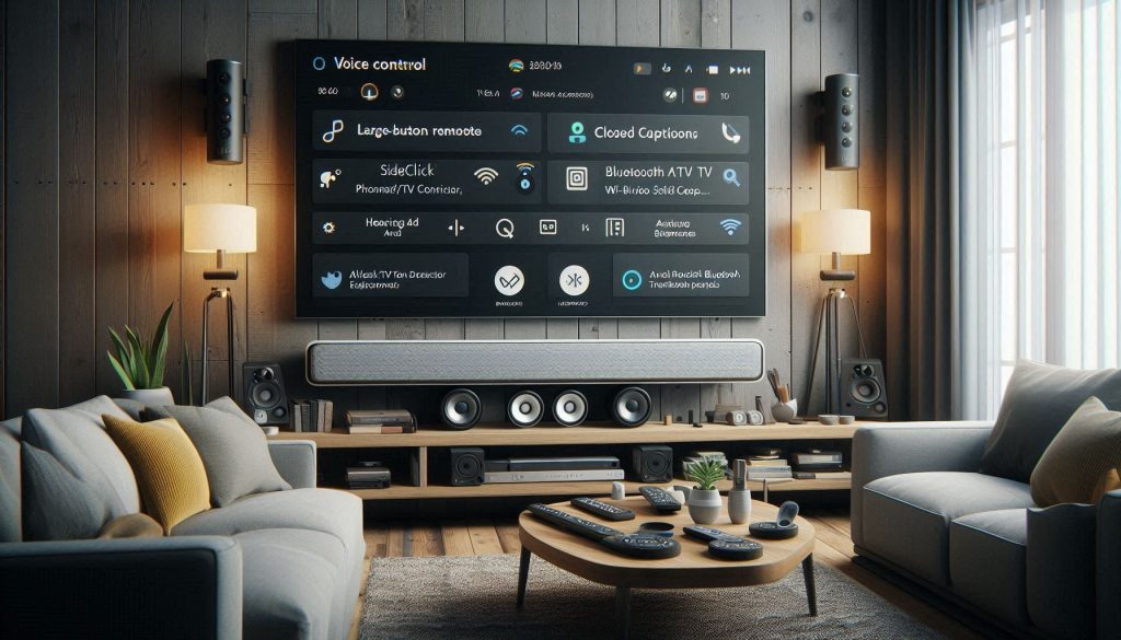 Luxury living room showing soundbar with large-button and universal remotes, hearing-aid streaming devices, voice control icons, and Wi-Fi/Bluetooth boosters for accessibility