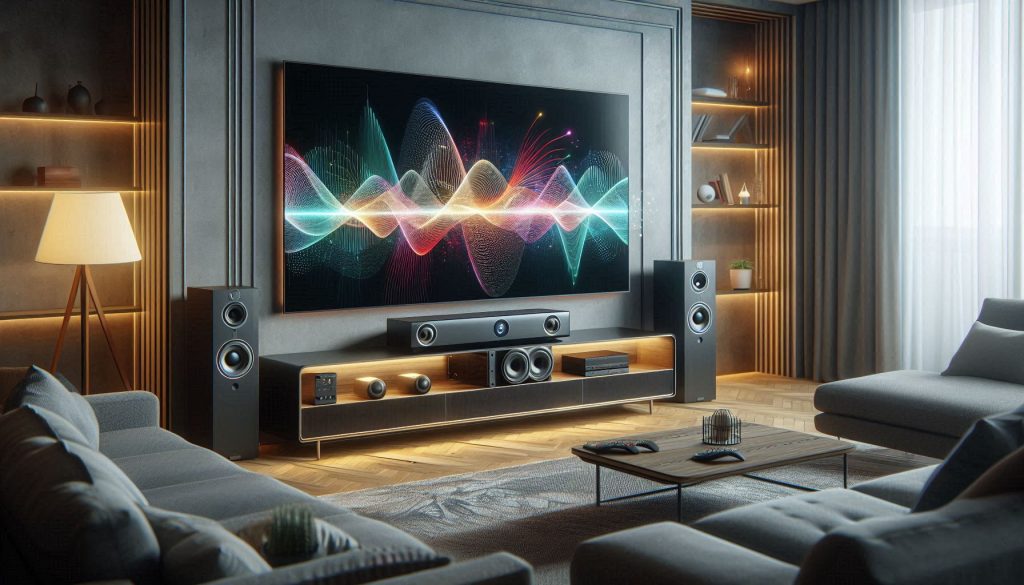Compact 2.1 soundbar setup in an apartment living room, showing beamforming sound visualization and minimal bass impact