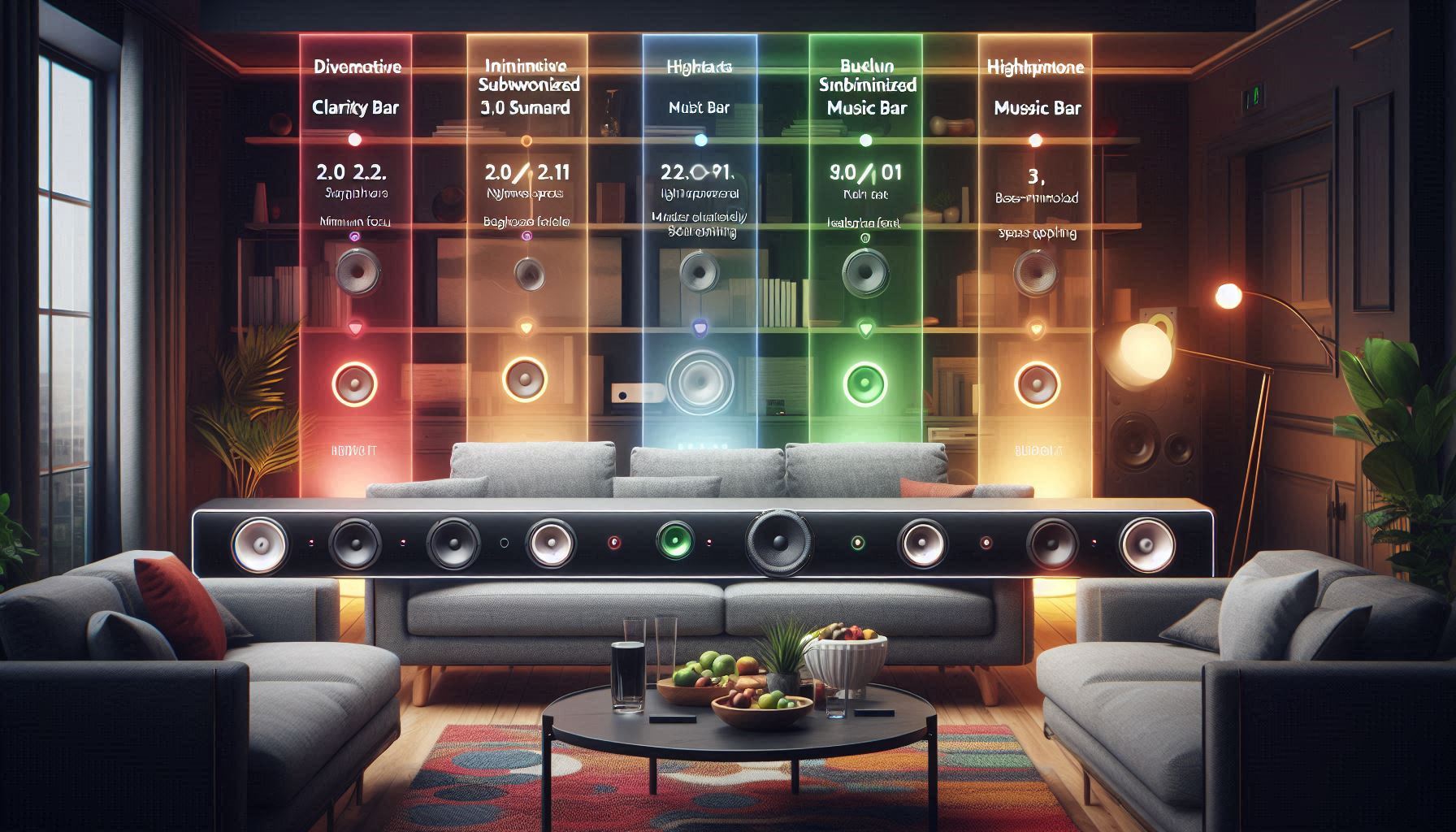 Apartment showroom showing five categories of neighbor-friendly soundbars with floating panels detailing specs and trade-offs, visual indicators of EQ, night mode, and virtual bass